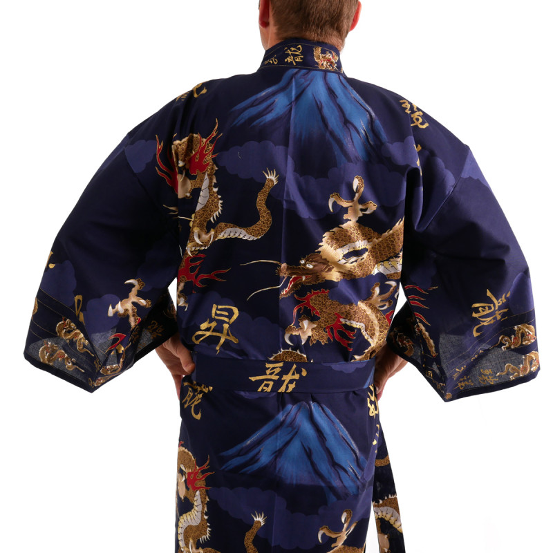 kimono yukata giapponese blu in cotone, FUJIRYÛ, drago e monte fuji