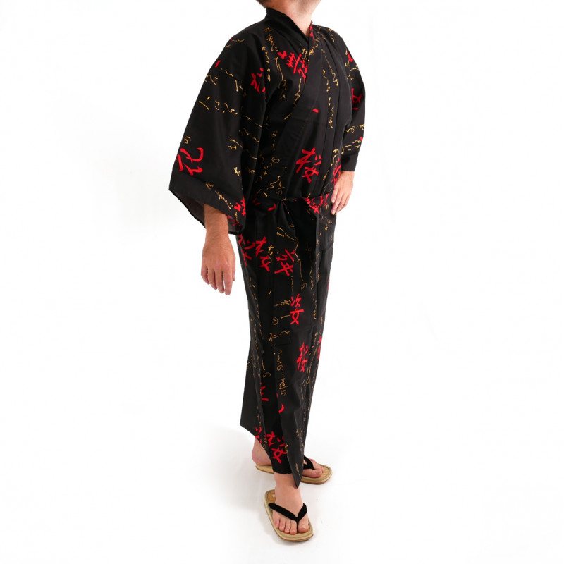 kimono yukata giapponese nero  in cotone, AKAKANJI, ballare personaggi kanji