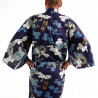 yukata kimono giapponese blu in cotone, KUMORYÛ, draghi, nuvole e kanji