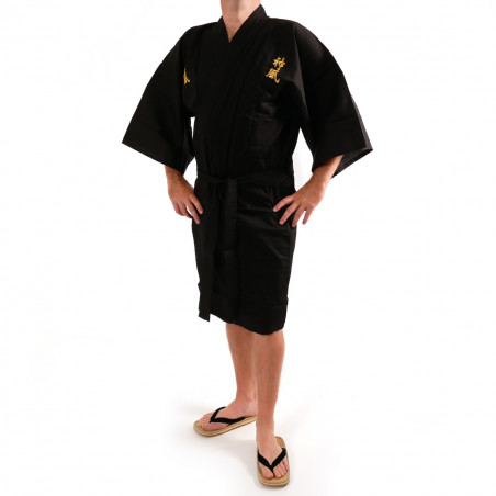 happi kimono traditionnel japonais noir en coton shantung kanji kamikaze doré pour homme