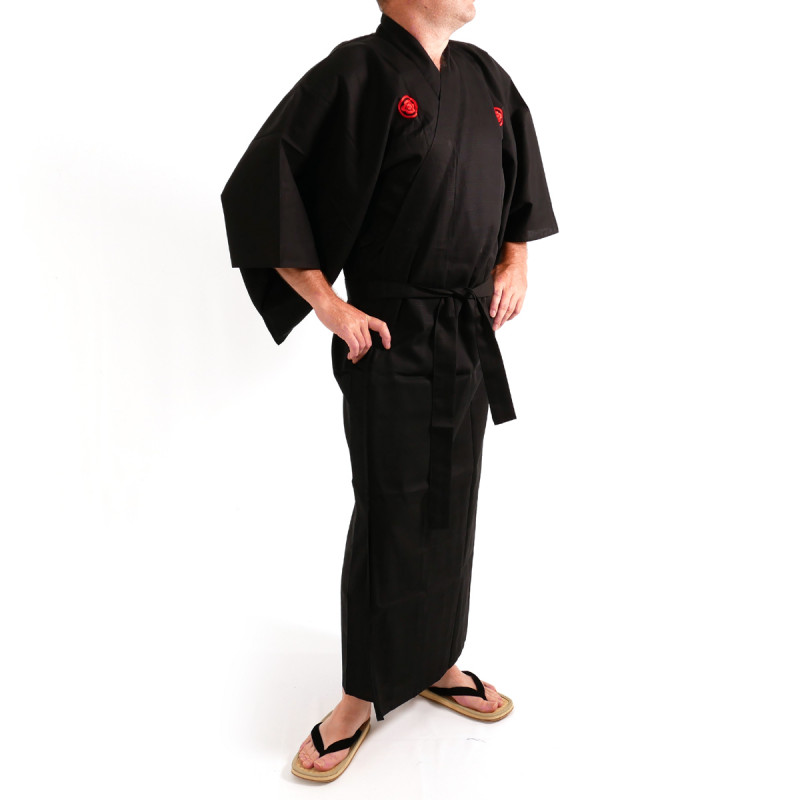 Kimono noir kanji argent samuraï coton shantung japonais pour homme