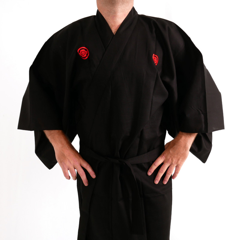 Kimono noir kanji argent samuraï coton shantung japonais pour homme