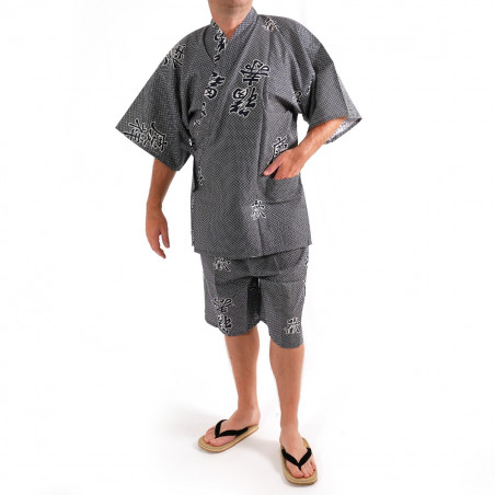 Kimono jinbei de algodón azul gris, KANJI, kanji alegría y auspicioso