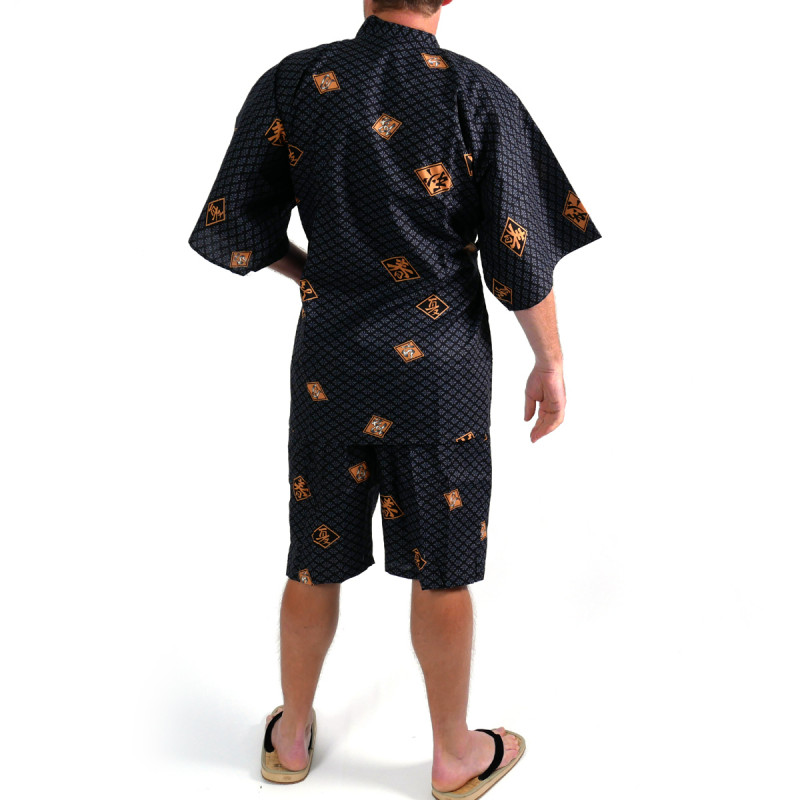 kimono jinbei traditionnel japonais noir en coton motifs diamant et kanji pour homme