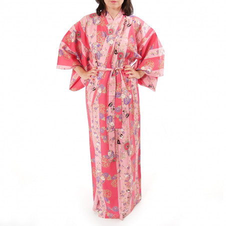 japanische Yukata Kimono rosa Baumwolle, GEISHA, Schönheits-Geisha auf gestreiftem Hintergrund