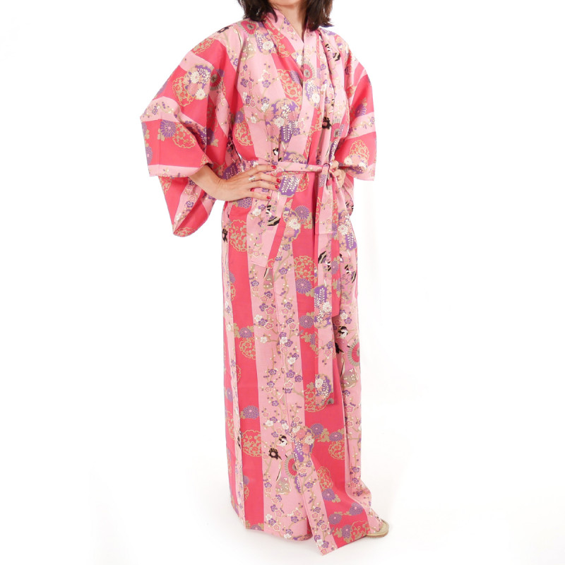 kimono yukata traditionnel japonais rose en coton beautés geisha sur fond rayé pour femme