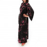 kimono giapponese yukata in cotone nero, TORIUME, fiori di uccello e prugna
