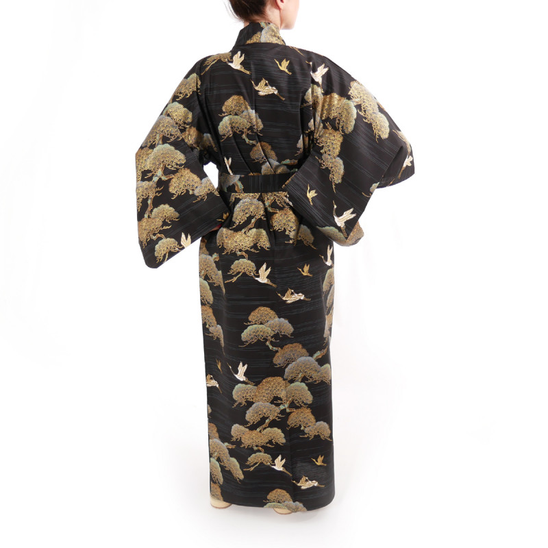 kimono giapponese yukata in cotone nero, TSURU MATSU, pini e gru