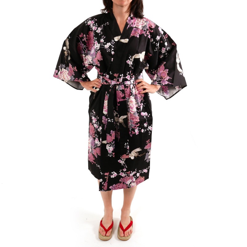 Happi japanischer Kimono aus schwarzer Baumwolle, PEONY TSURU, Kranich und Pfingstrose