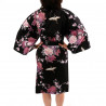 Happi japanischer Kimono aus schwarzer Baumwolle, PEONY TSURU, Kranich und Pfingstrose
