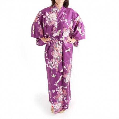 Lila japanischer Baumwoll-Kimono, TSURU PEONY, Kranich und Pfingstrose