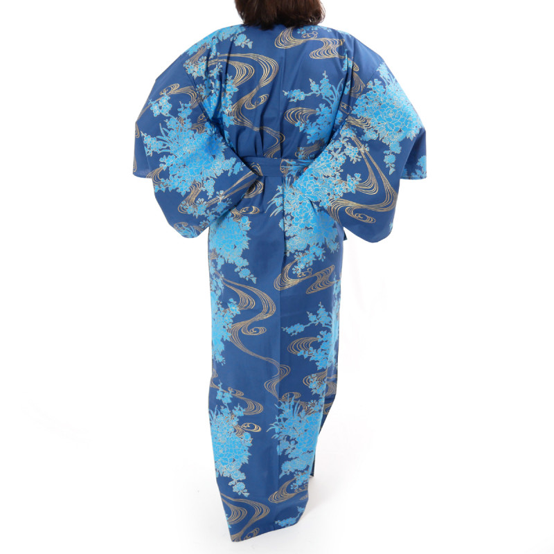 Japanese traditional blue navy cotton yukata kimono flowing peony for ladies