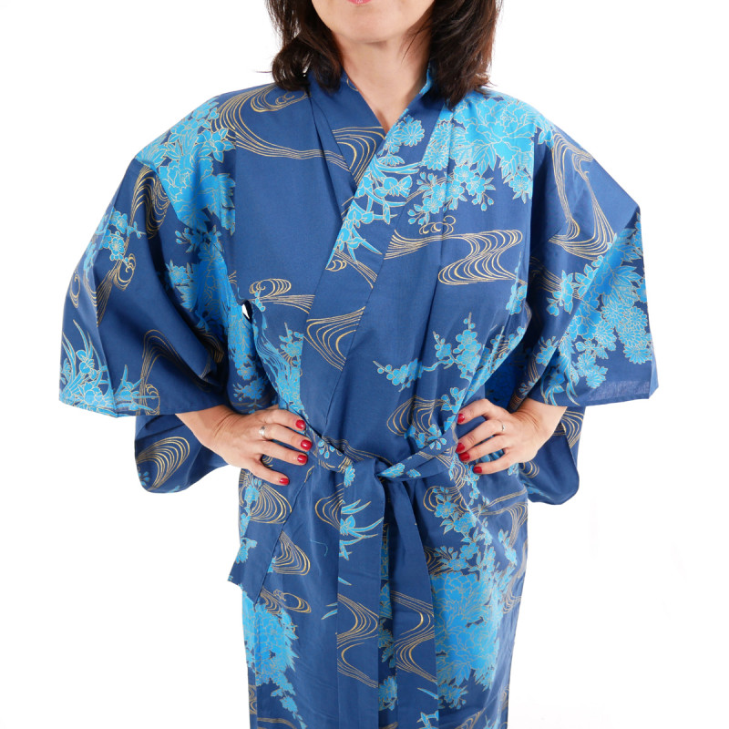 Japanese traditional blue navy cotton yukata kimono flowing peony for ladies