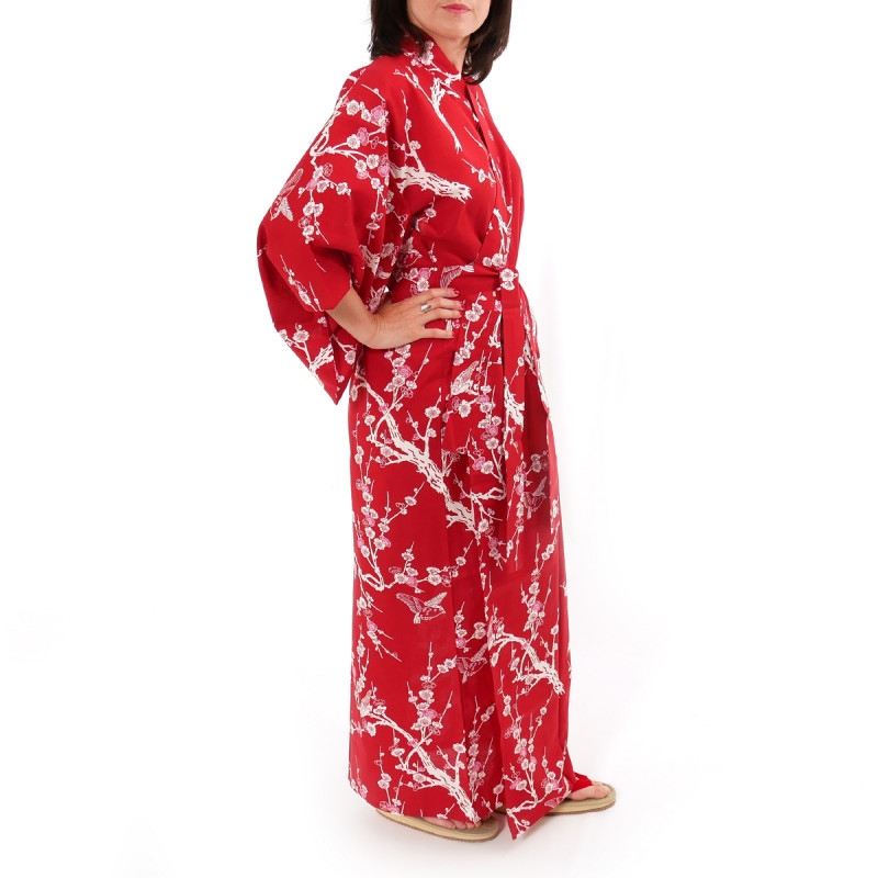 japanische Yukata Kimono rote Baumwolle, UME, Pflaumenblüten