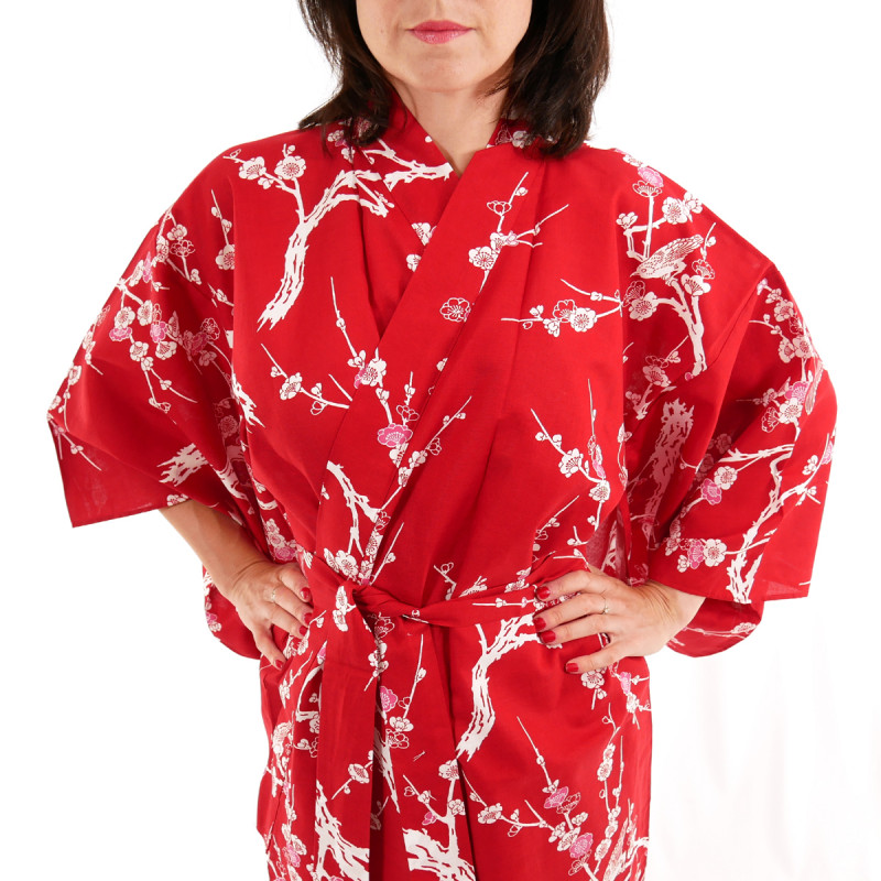 kimono yukata traditionnel japonais rouge en coton fleurs prune japonaises pour femme