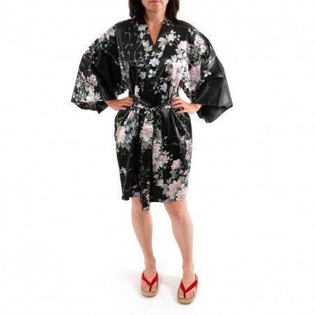 hanten japanischer Kimono schwarzer Satin, UTAUME, Poesie und Blumen