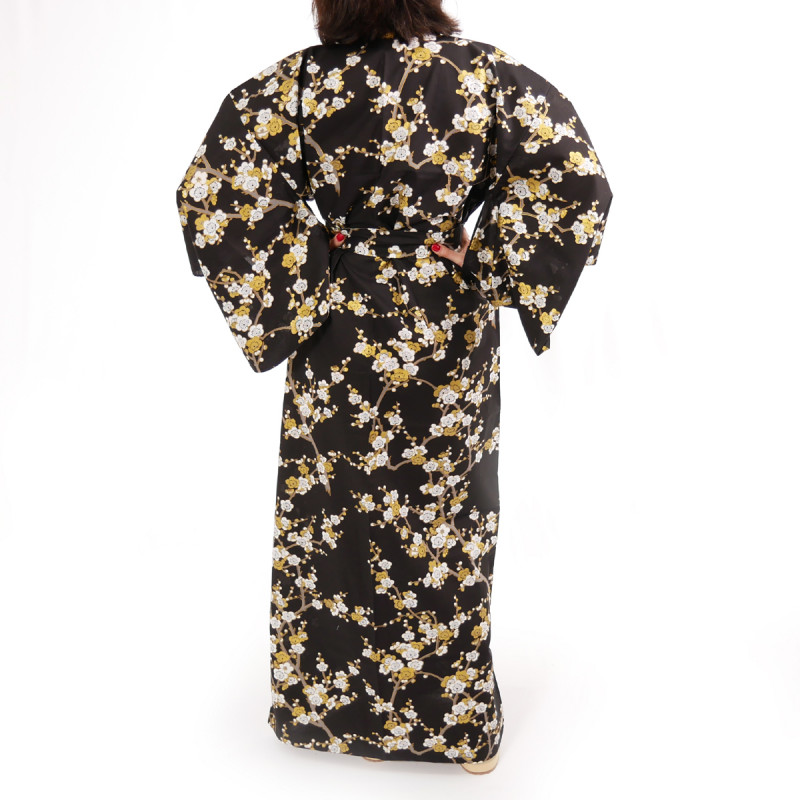 kimono giapponese yukata in cotone nero, SHIRAUME, fiori di prugna bianca
