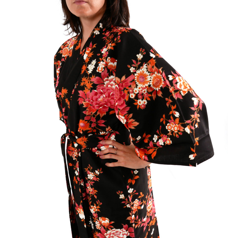 happi kimono traditionnel japonais noir en coton pivoine et fleurs de cerisier pour femme