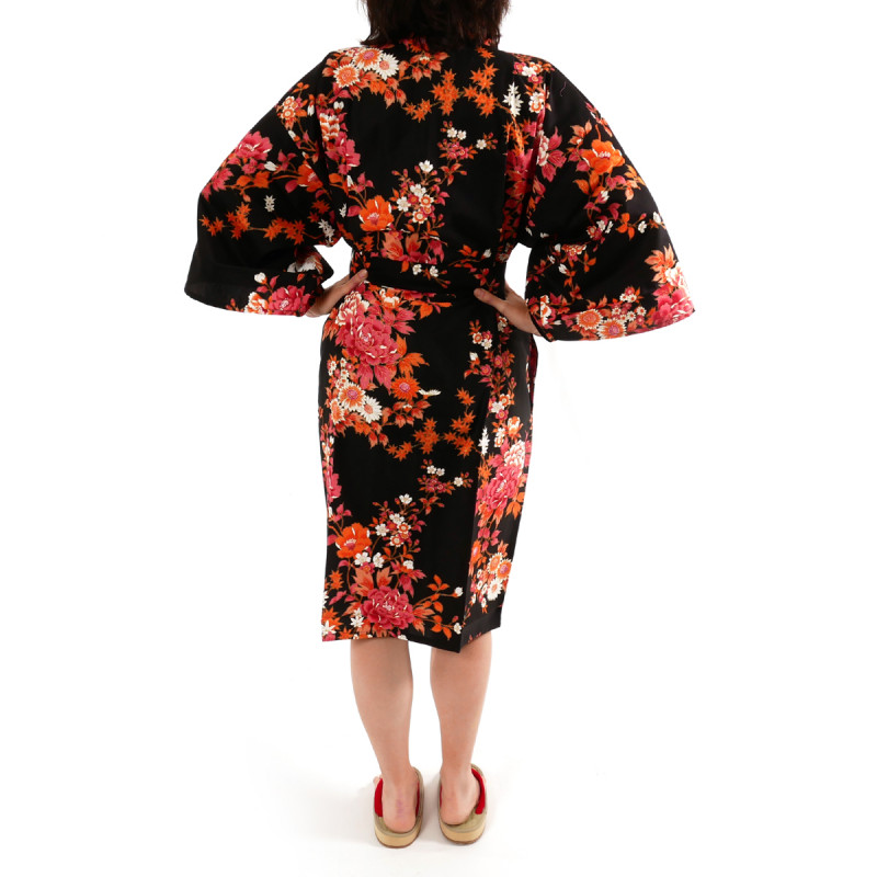 happi japonés kimono algodón negro, SAKURA PEONY, peonía y flores de cerezo