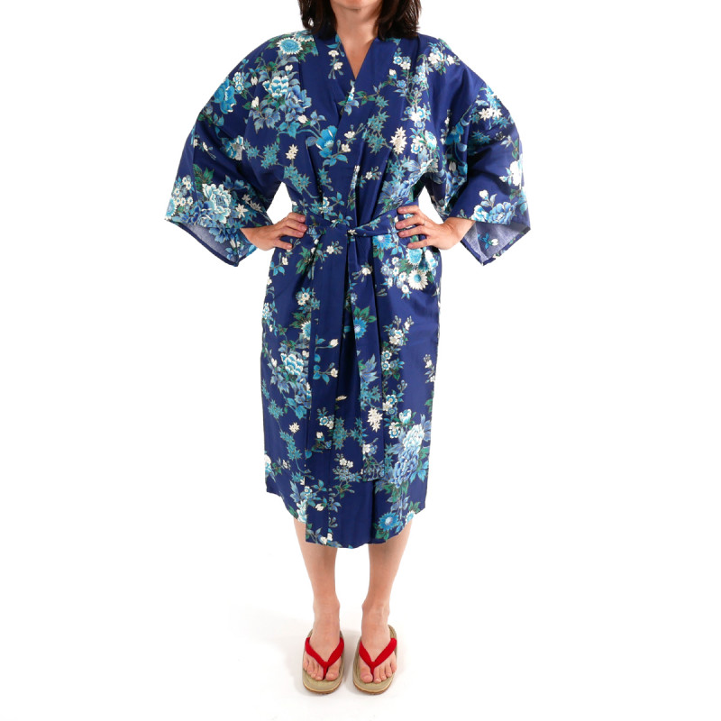 happi kimono japonés azul algodón satinado, SAKURA PEONY, peonía y flores de cerezo