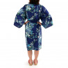 happi kimono japonés azul algodón satinado, SAKURA PEONY, peonía y flores de cerezo