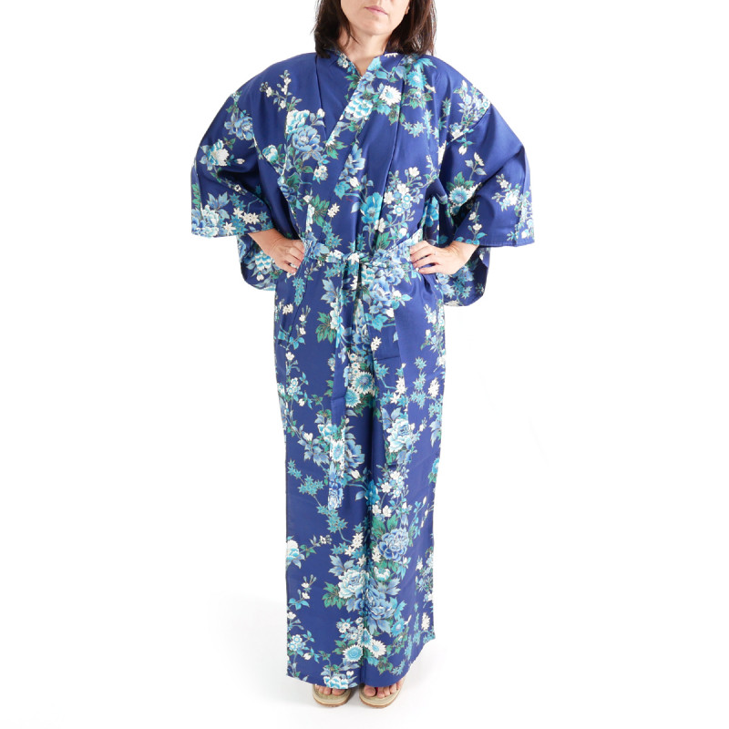 Kimono bleu traditionnel japonais pour femme pivoine et fleur de cerisier