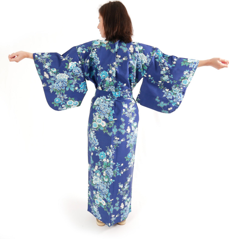 Kimono de algodón azul japonés, SAKURA PEONY, peonía y flores de cerezo
