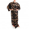 kimono yukata traditionnel japonais noir en coton fleurs prune dorées pour femme