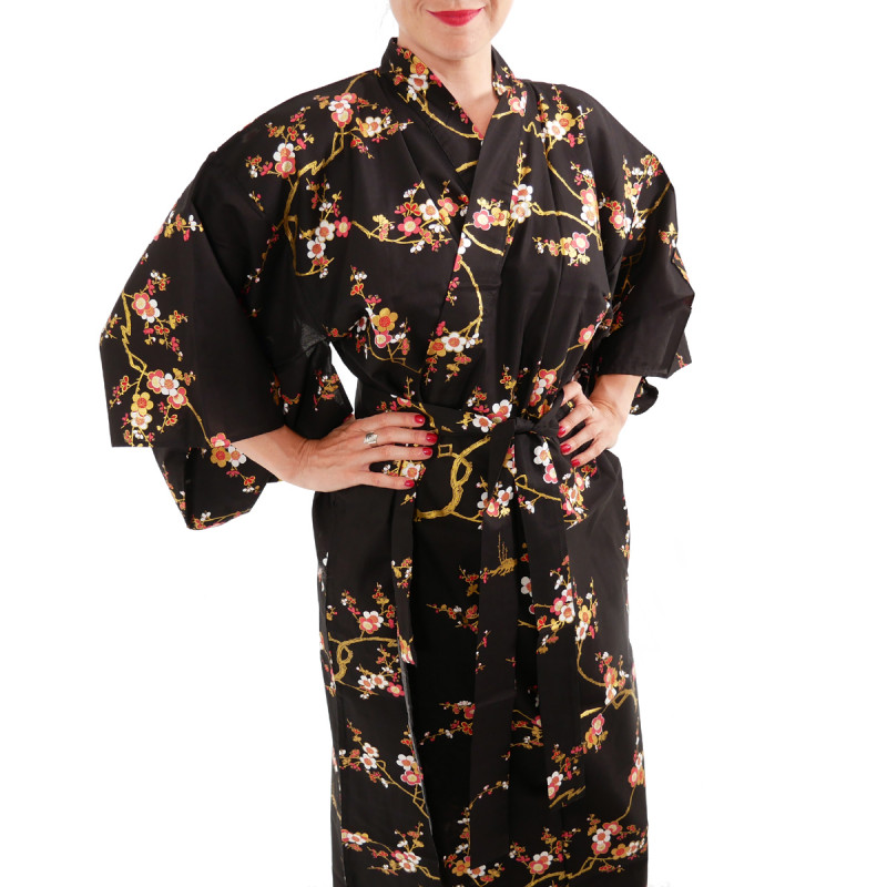 kimono giapponese yukata in cotone nero, KINUME, fiori di prugna dorata