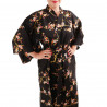 yukata japonés kimono algodón negro, KINUME, flores de ciruelo dorado