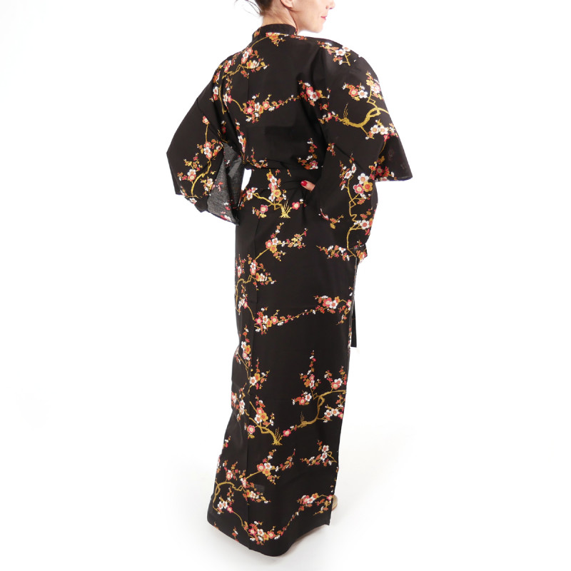 kimono yukata traditionnel japonais noir en coton fleurs prune dorées pour femme