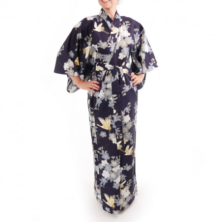 japanische Yukata Kimono blaue Baumwolle, SAKURA TSURU, Kirschblüten und Kraniche