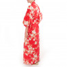 kimono giapponese yukata in cotone rosso, SAKURA TSURU, fiori di ciliegio e gru