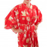 japanische Yukata Kimono rote Baumwolle, SAKURA TSURU, Kirschblüten und Kraniche
