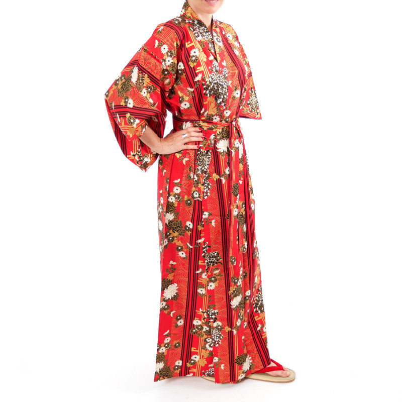 Japanese traditional red cotton yukata kimono chrysanth blooming for ladies