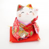 Gatto manekineko giapponese fortunato in ceramica, KIMONO, rosso