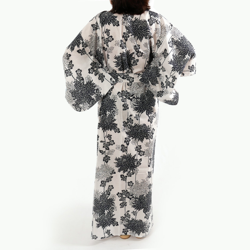 kimono yukata traditionnel japonais blanc en coton chrysanthèmes pour femme