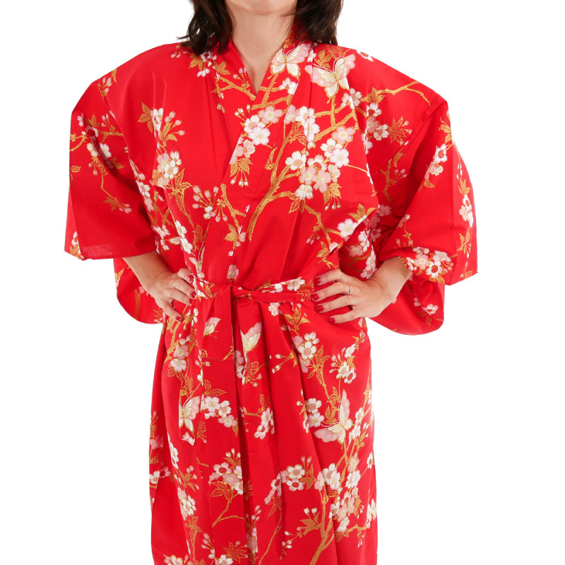 yukata japonés kimono rojo algodón, CHÔSAKURA, flores de cerezo y mariposas