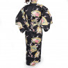 Yukata japonesa negra en algodón satinado., PEONY HIME, princesas y peonía