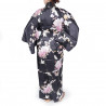 Kimono Yukata Japonés Negro En Seda, TSURU PEONY, grullas y flores de peonía