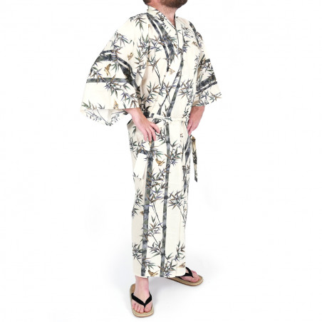 kimono yukata traditionnel japonais beige en coton bambou et oiseaux pour homme