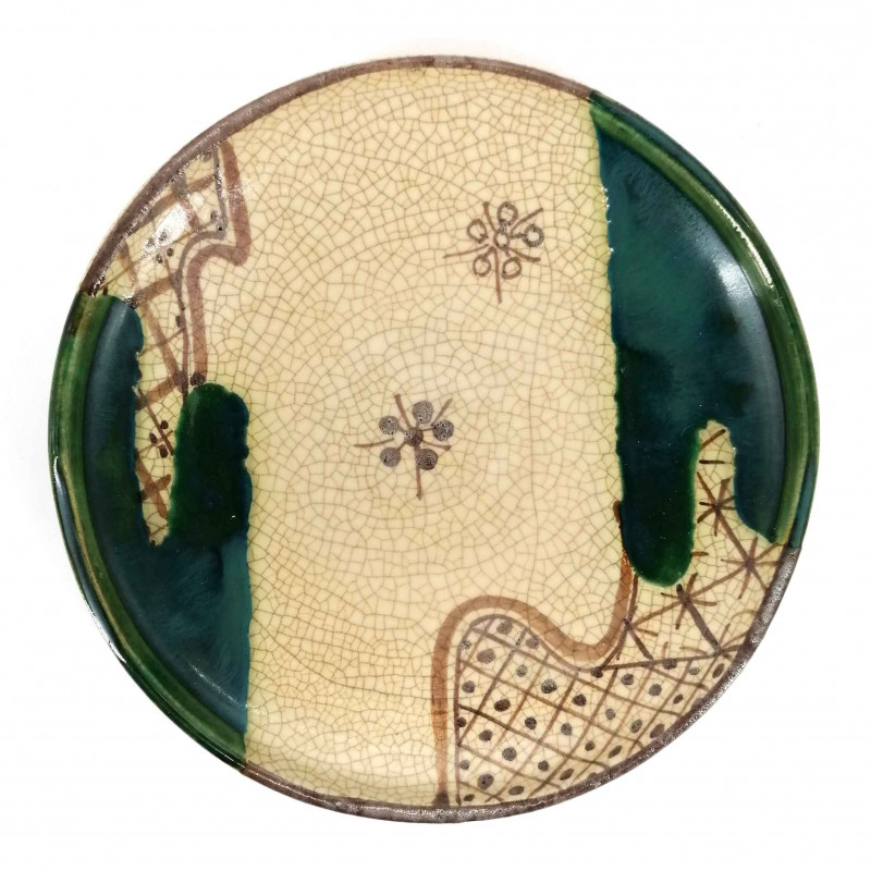 Assiette japonaise ronde en céramique, beige et verte - ORIBE