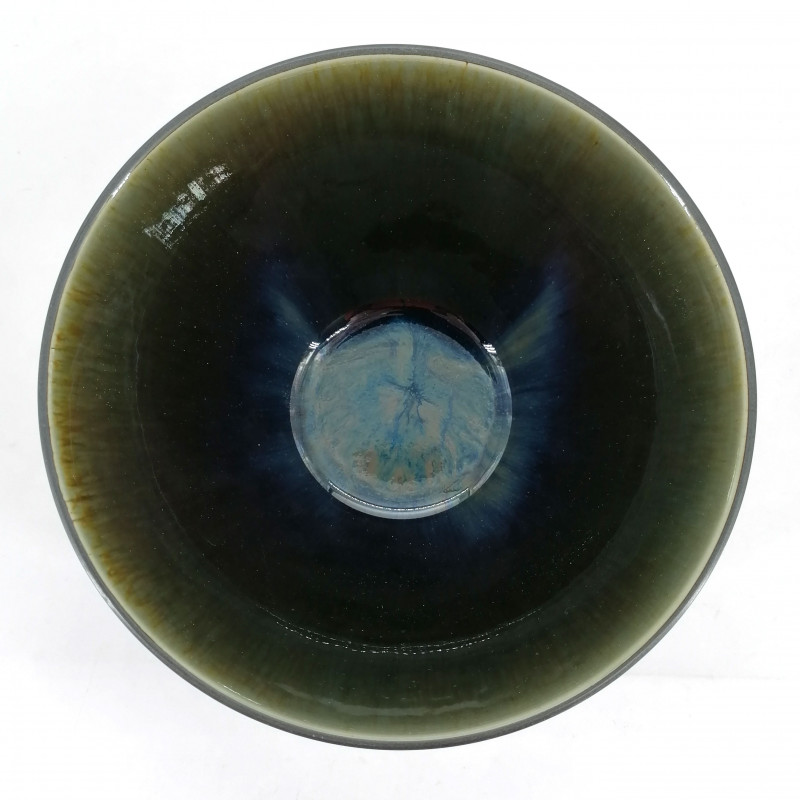 Piatto fondo in ceramica giapponese, marrone glitterato metallizzato, interno verde blu - METARIKKU