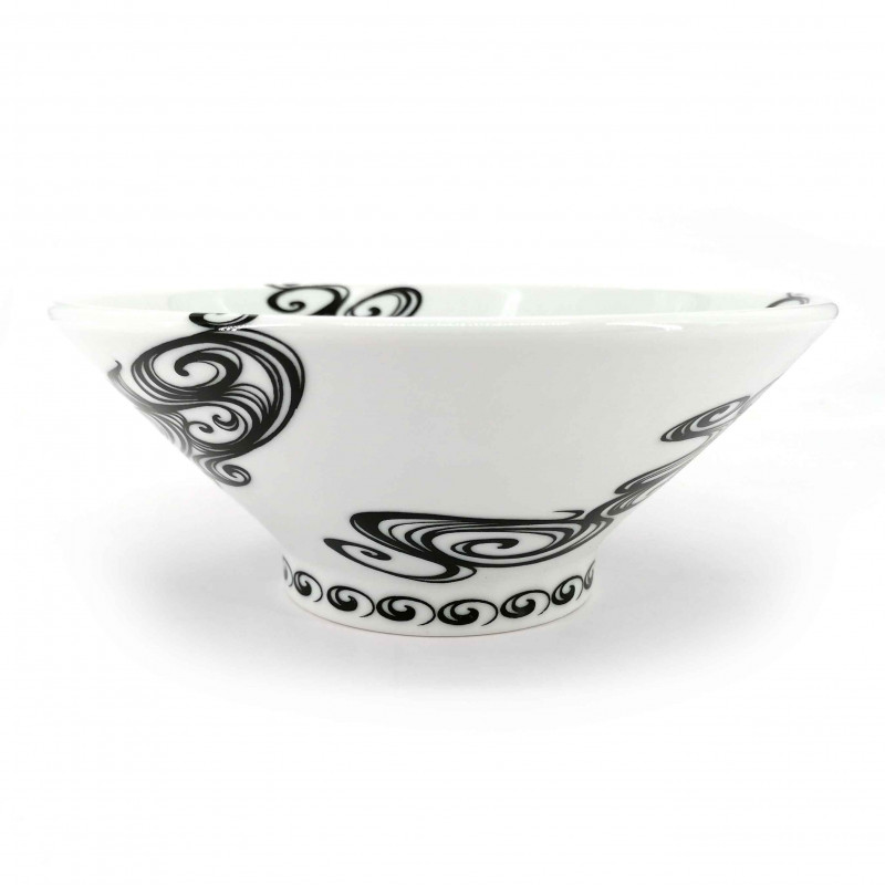 Japanese ceramic ramen bowl, white, black swirls, SENPU