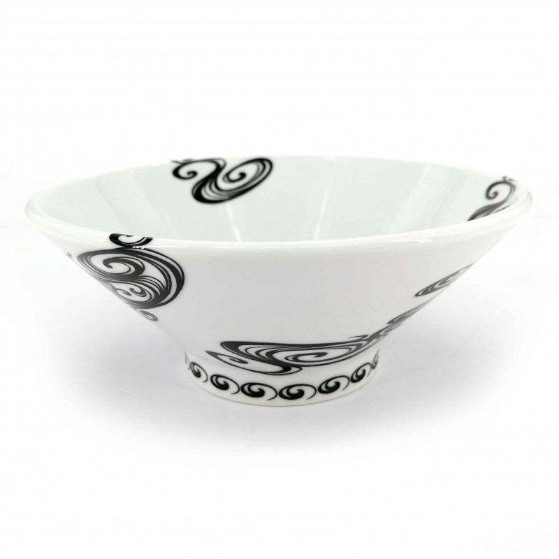 Japanese ceramic ramen bowl, white, black swirls, SENPU