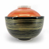 Japanese ceramic rice bowl with lid, black, red and gold, HOSOI SEN