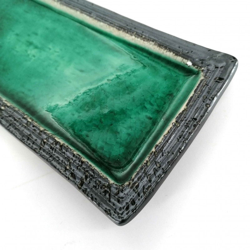 Japanese rectangular plate, green crackled enamel, WARETA