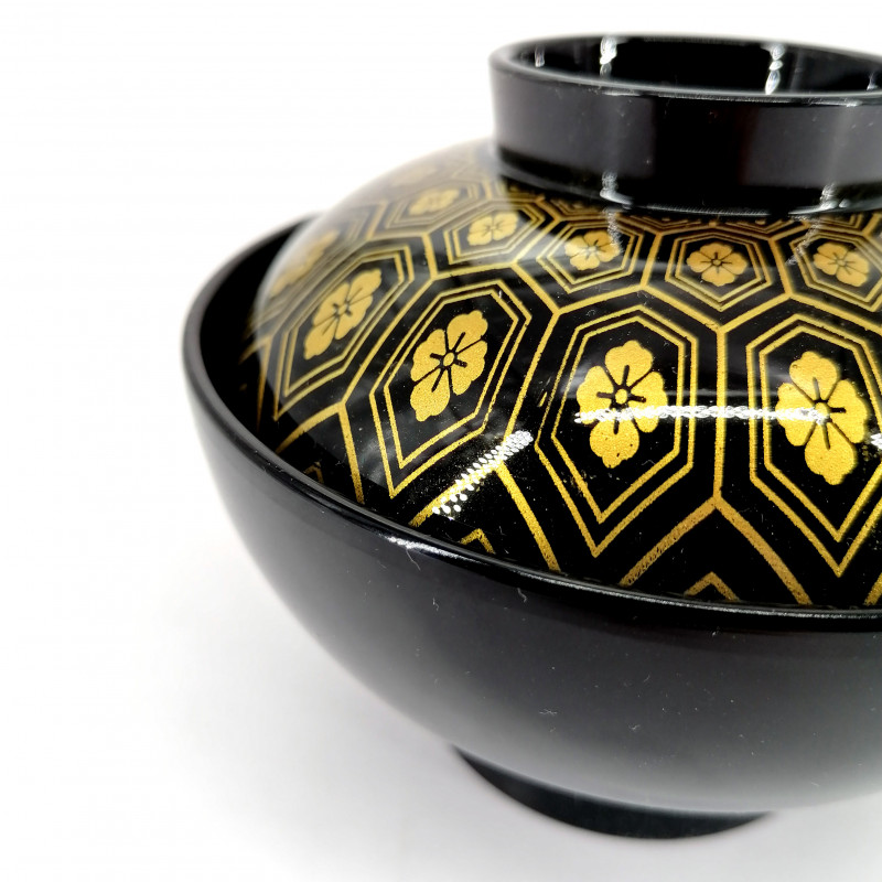 Lacquered soup bowl with lid, black and golden geometric patterns, HANA JIOMETORI
