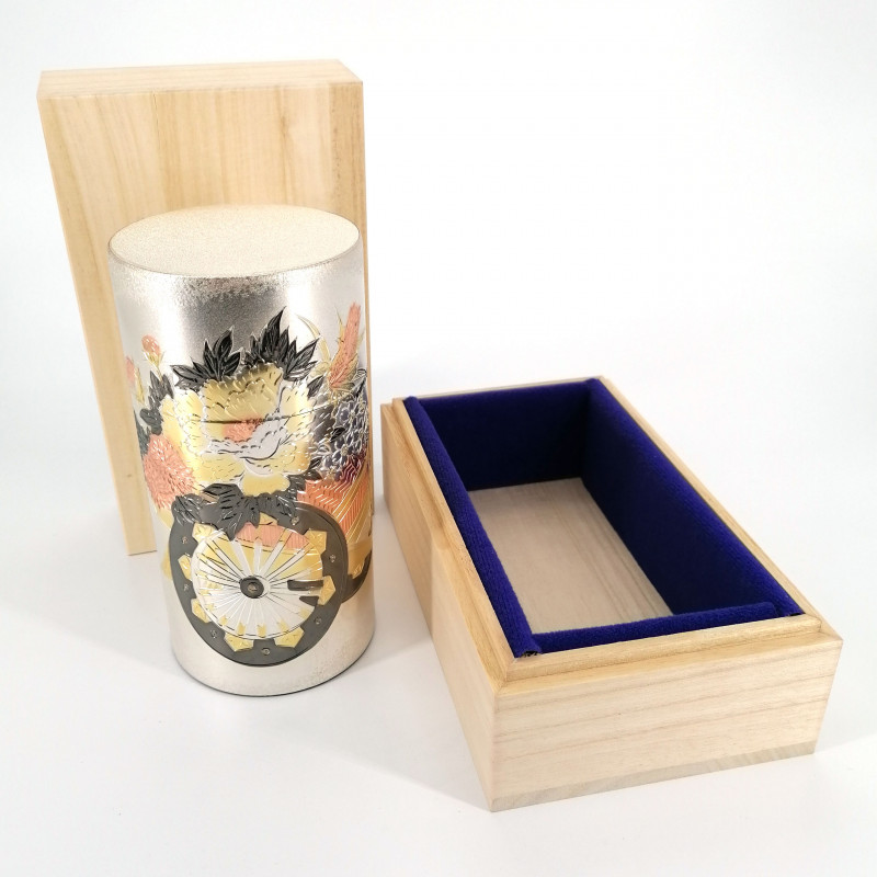 Contenitore di tè in alluminio giapponese, KOKUSHO MATSURI KATO, argento con scatola di legno