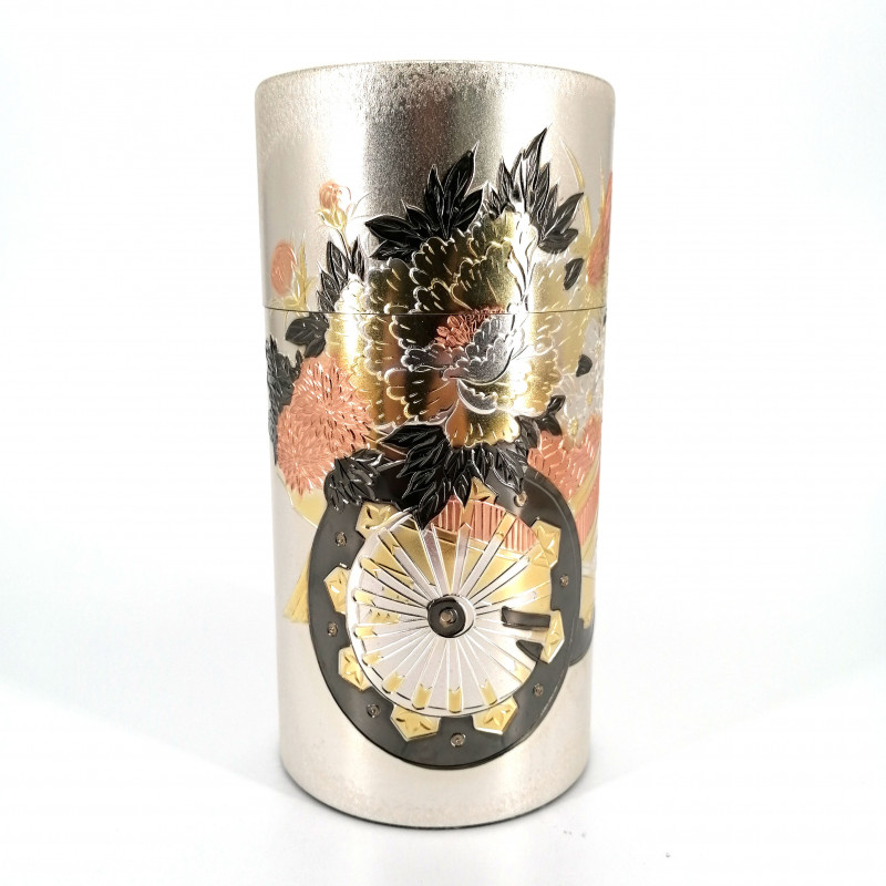 Contenitore di tè in alluminio giapponese, KOKUSHO MATSURI KATO, argento con scatola di legno